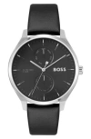 Hugo Boss Men's Tyler Quartz Multifunction Black Leather Watch 43mm In Black