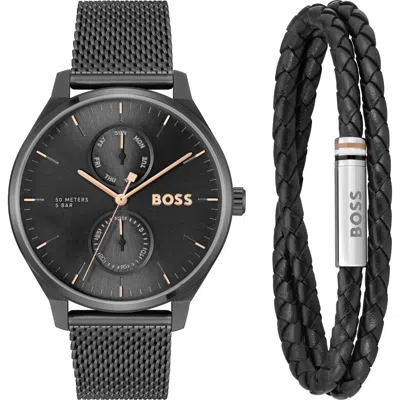 Hugo Boss Boss Tyler Mesh Strap Watch, 43mm & Leather Bracelet Set In Black