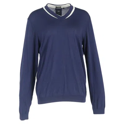 Hugo Boss Boss V-neck Sweater In Navy Blue Cotton