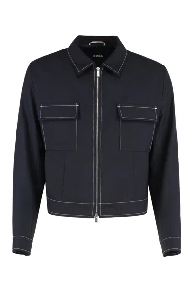 Hugo Boss Flap-pocket Contrast-stitching Jacket In Blue