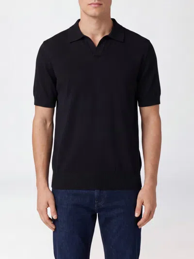 Hugo Boss Boss Virgin Wool Knit Polo Shirt With V-neck And Short Sleeves In Black