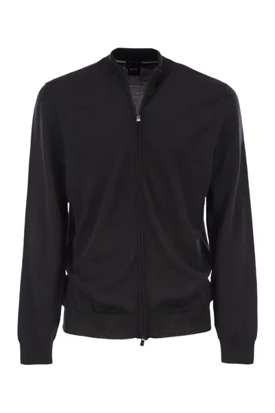 Hugo Boss Boss Men Virgin Wool Knitted Cardigan With Zip In Black