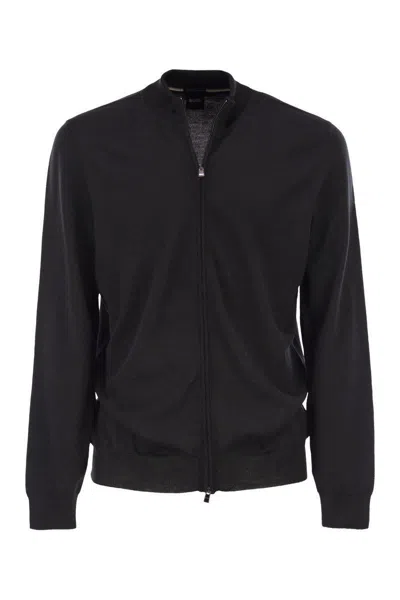 Hugo Boss Boss Virgin Wool Knitted Cardigan With Zip In Black