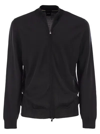 Hugo Boss Boss Men Virgin Wool Knitted Cardigan With Zip In Black