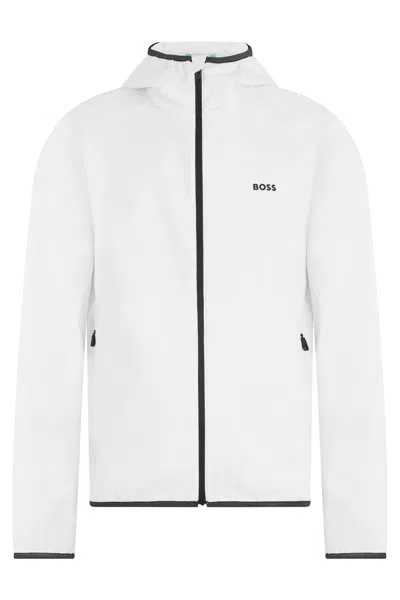Hugo Boss Boss Waterproof Hooded Zip Jacket With Raised Collar And Zipper Pockets In Multi