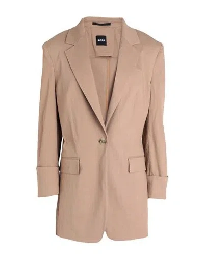 Hugo Boss Boss Woman Blazer Sand Size 14 Linen, Viscose, Elastane In Brown