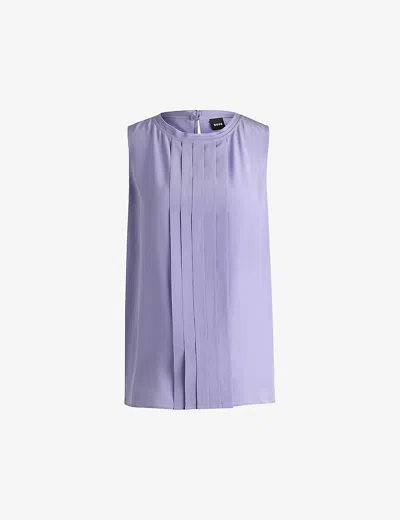 HUGO BOSS WOMENS MEDIUM PURPLE PLEATED-FRONT ROUND-NECK SILK BLOUSE