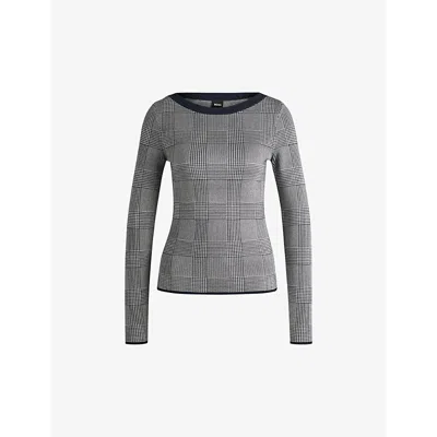 HUGO BOSS WOMENS BOSS PLAID BOAT-NECK STRETCH-KNIT TOP