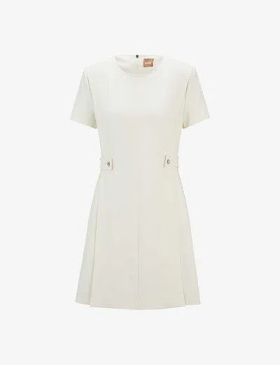 HUGO BOSS WOMENS OPEN WHITE ROUND-NECK SHORT-SLEEVE STRETCH-WOVEN MINI DRESS