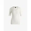 Hugo Boss Square-neck Short-sleeved Sweater In Ribbed Stretch Fabric In Open White