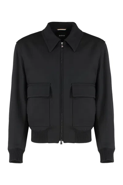 Hugo Boss Boss Wool Blend Bomber Jacket In Black