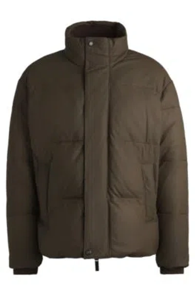 Hugo Boss Boss X Aston Martin Leather Puffer Jacket With Wool Ribbing In Khaki