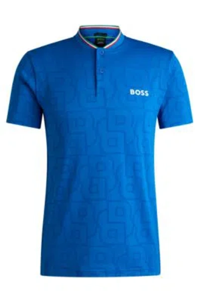 Hugo Boss Boss X Matteo Berrettini Polo Shirt In Monogram-mesh Jacquard In Dark Blue