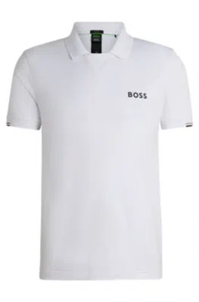 Hugo Boss Boss X Matteo Berrettini V-insert Slim-fit Polo Shirt In White