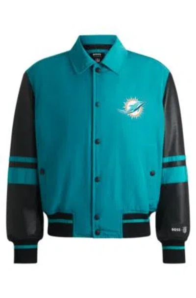 Hugo Boss Boss X Nfl Mixed-material Jacket With Faux-leather Sleeves In Dolphins