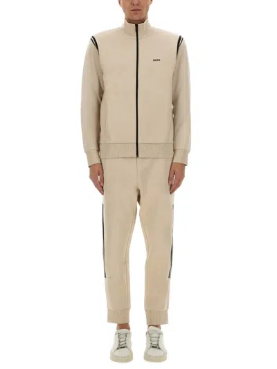 Hugo Boss Boss Zip-up Activewear Set With Contrasting Stripes In Brown