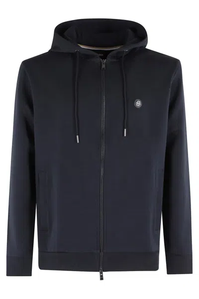 Hugo Boss Boss Zip-up Hoodie With Adjustable Hood And Metallic Logo In Blue