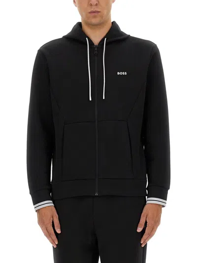 Hugo Boss Boss Structured Zipper Hoodie In Black