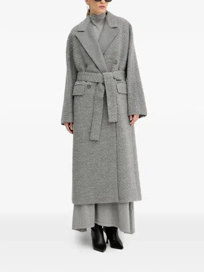 Hugo Boss Bouclé Belted Coat In Gray