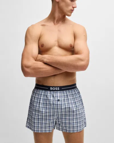 Hugo Boss Boxer 2-pack Mens Cotton Pyjama Shorts With Logo Waistbands In Blue