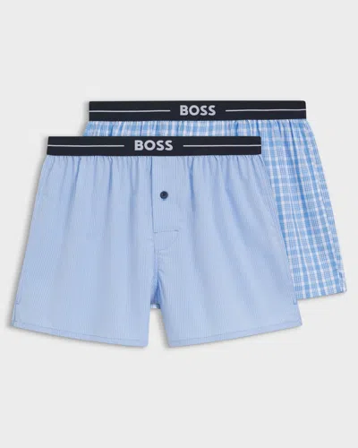 Hugo Boss Boxer 2-pack Mens Cotton Pyjama Shorts With Logo Waistbands In Blue