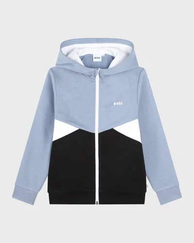 Hugo Boss Kids' Boy's Classic Logo-print Tricolor Hoodie In Blue