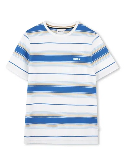 Hugo Boss Boy's Crew Neck T-shirt With Lined Logo Print In Blue