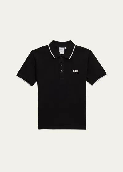 Hugo Boss Boy's Logo Cotton Knit Short-sleeve Polo Shirt In Black