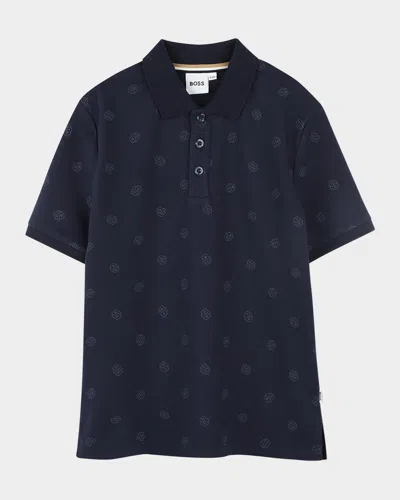 Hugo Boss Kids' Boy's Short-sleeve Tonal-print Polo Shirt In Navy