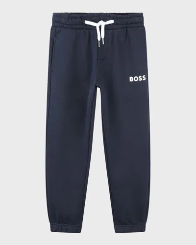 Hugo Boss Kid's Logo-print Fleece Sweatpants In Navy