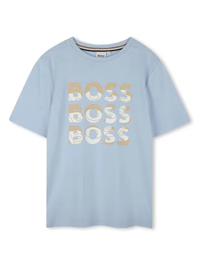 Hugo Boss Boys' Casual Printed Neck T-shirt With Front Logo In Blue