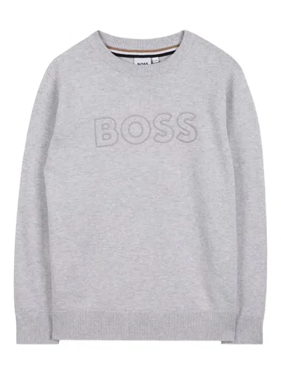 Hugo Boss Boys' Embossed Logo Long Sleeve Sweater In Grey
