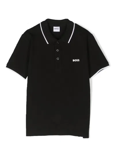 Hugo Boss Boys' Mini Polo Shirt With Embossed Logo And Button Front Pocket In Black