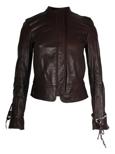 Pre-owned Hugo Boss Braided-detail Leather Jacket In Brown