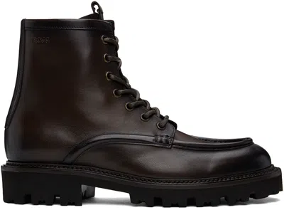 Hugo Boss Brown Apron Toe Boots In 201-dark Brown