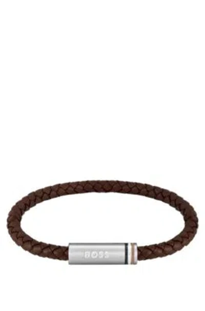 Hugo Boss Brown Braided-leather Cuff With Magnetic Logo Closure Men's Jewellery In Assorted-pre-pack