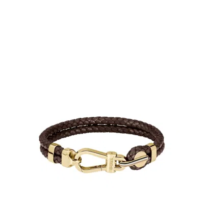 Hugo Boss Brown Braided-leather Cuff With Gold-tone Carabiner Closure In Multi