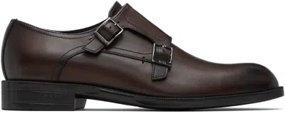 Hugo Boss Brown Buffed Leather Monkstraps In Black