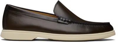 Hugo Boss Brown Embossed-logo Leather Loafers In Black