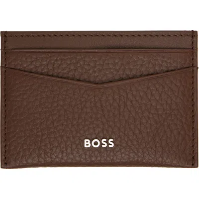 Hugo Boss Brown Grained-leather Metal Logo Card Holder In 218-medium Brown