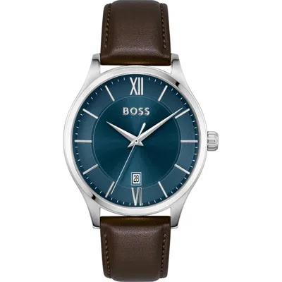 Hugo Boss Brown Leather Dress Watch In Blue