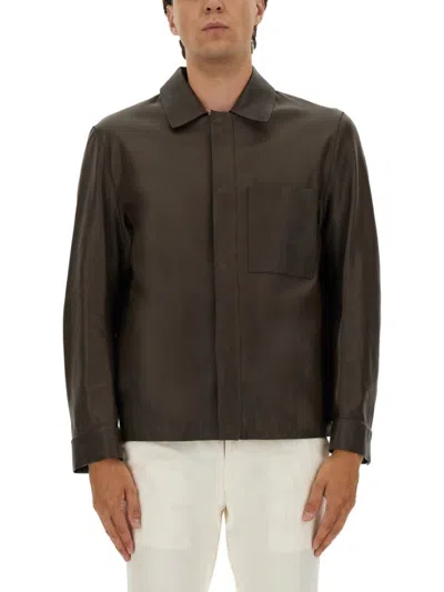 HUGO BOSS BROWN LEATHER JACKET WITH CLASSIC COLLAR
