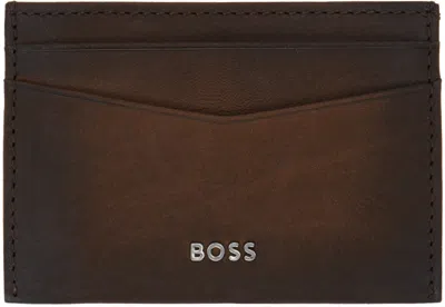 Hugo Boss Brown Logo Lettering Card Holder In 205-dark Brown