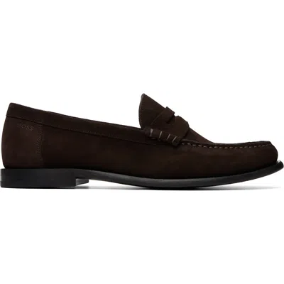 Hugo Boss Brown Penny-trim Suede Loaferts In Burgundy