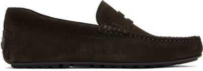 Hugo Boss Brown Portuguese-crafted Suede Loafers In 201-dark Brown