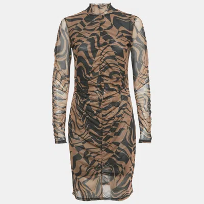 Hugo Boss Brown Printed Stretch Mesh Ruche Short Dress In Multi