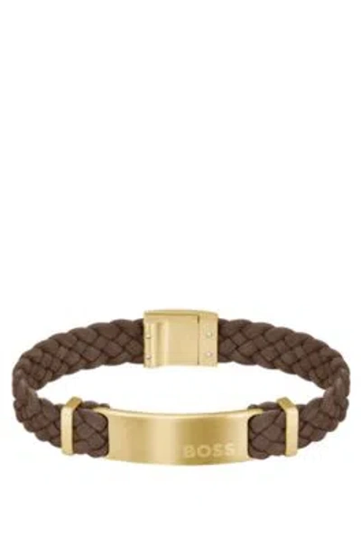 Hugo Boss Brown-suede Braided Cuff With Logo Plate Men's Jewellery Size M In Assorted-pre-pack