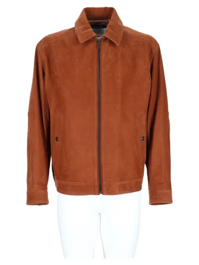 Hugo Boss Brown Suede Leather Sport Jacket With Classic Collar In Orange