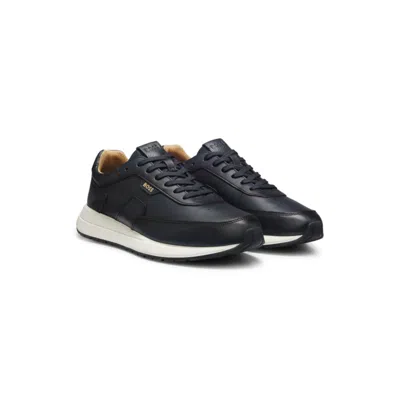 Hugo Boss Brushed Leather Sneakers With Eva-rubber Sole In Blue