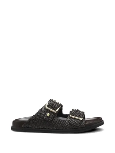 Hugo Boss Buckle Woven Leather Sandals In Brown